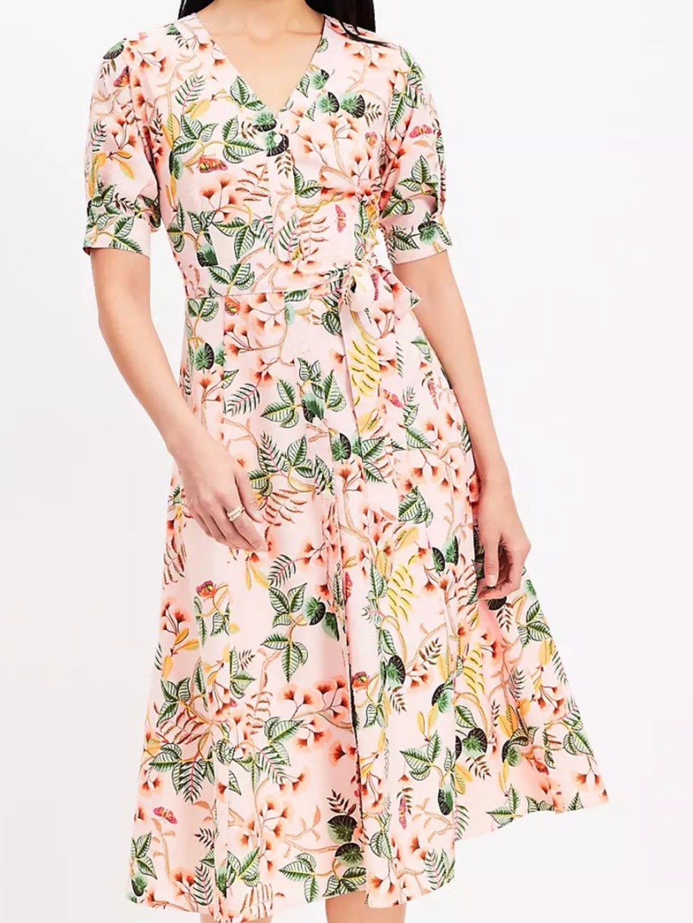 LOFT Pink Floral Midi Dress with Tie Waist